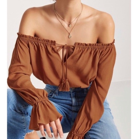 Forever 21 Tops - Forever 21 Off the Shoulder Tassel Crop Top